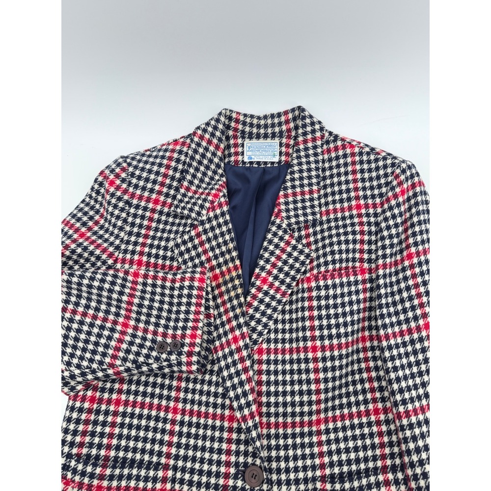 Pendleton Wool Blazer Jacket Vintage 18W Red Navy Blue Houndstooth Plaid USA